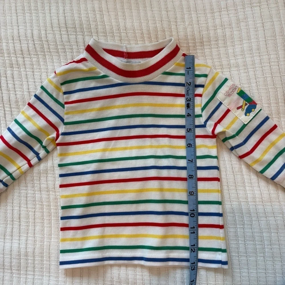 OshKosh B'Gosh Vintage 80's Rainbow Striped Mock Neck 18 mos Shirt Red Overalls